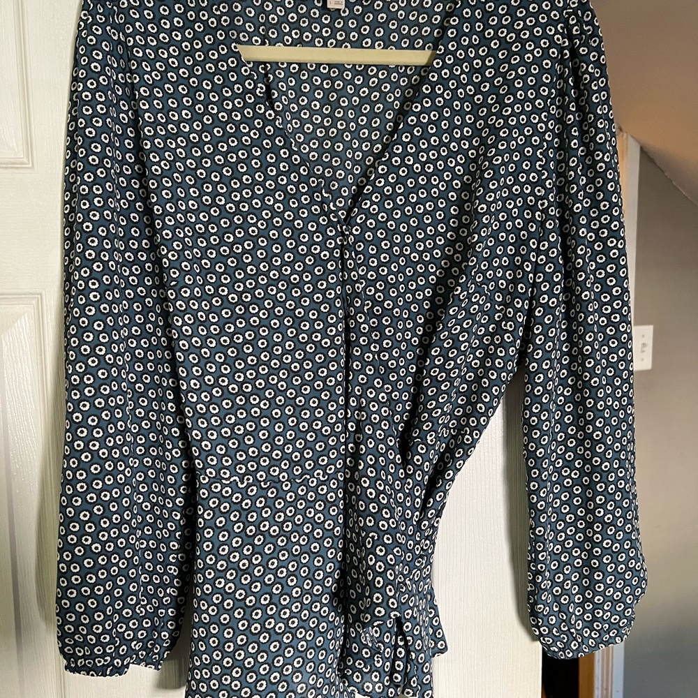 LOFT navy blue long sleeve true wrap blouse — size L